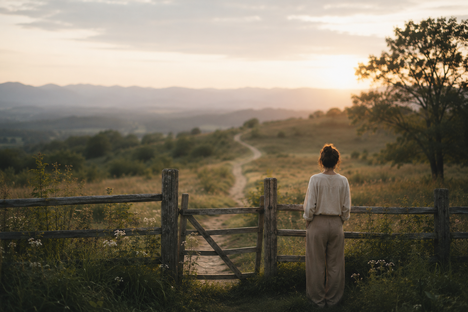 A person standing by a fence overlooking a quiet landscape at sunset