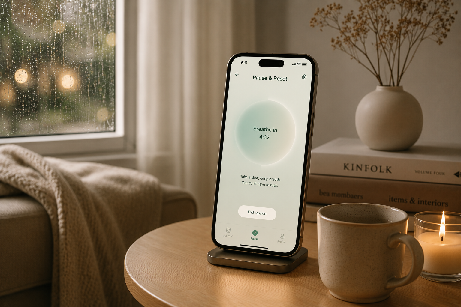 Still app Pause and Reset feature on a phone in a cozy setting